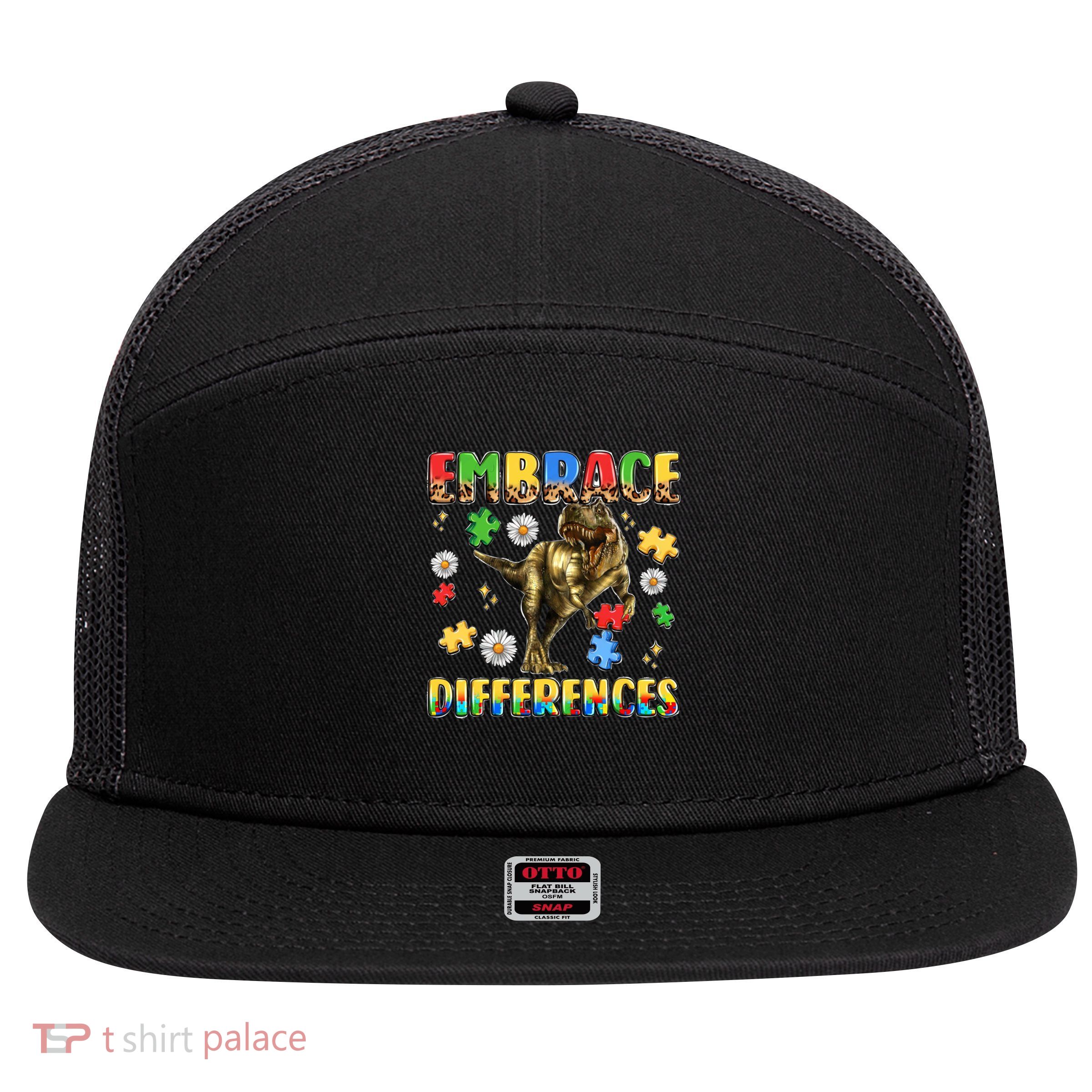 Embrace Differences Dinosaurus T-Rex Autism Awareness Day Meaningful Cute Gift 7 Panel Mesh Trucker Snapback Hat