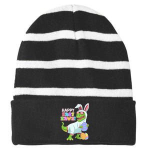 Easter Day Dinosaur Funny Happy Eastrawr T Rex Easter Striped Beanie with Solid Band