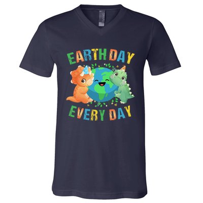 Earth Day Every Day Dinosaur Hugging Earth Nature Dino Lover Gift V-Neck T-Shirt