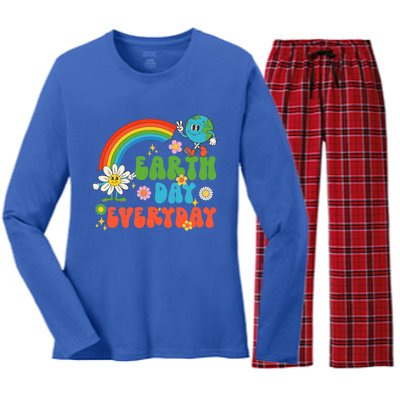 Earth Day Everyday Rainbow Hippie Groovy Save Planet Earth Gift Women's Long Sleeve Flannel Pajama Set 