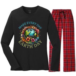 Earth Day Every Day Groovy Retro 70s Earth Day Women's Long Sleeve Flannel Pajama Set 