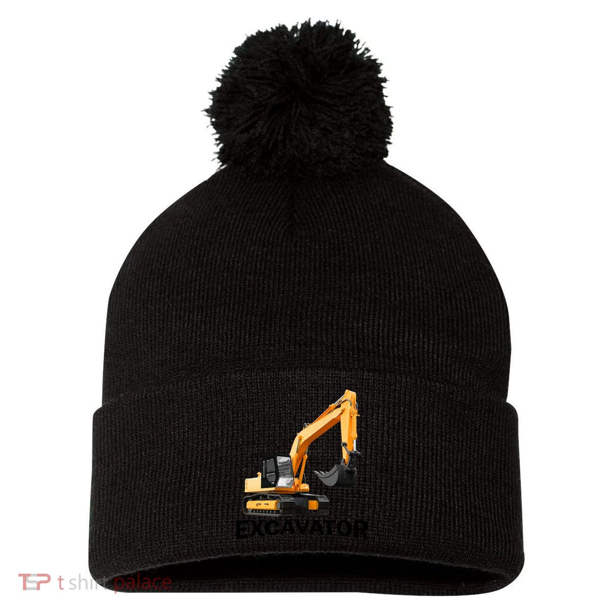 Excavator Design Pom Pom 12in Knit Beanie