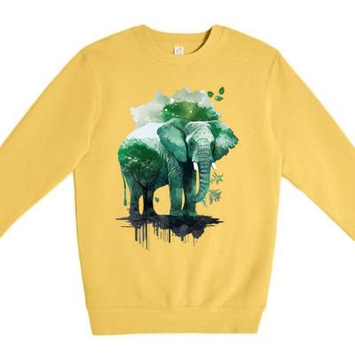 Earth Day Elephant Watercolor Art Green Theme Restore Earth Cute Gift Premium Crewneck Sweatshirt