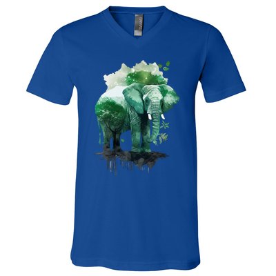 Earth Day Elephant Watercolor Art Green Theme Restore Earth Cute Gift V-Neck T-Shirt