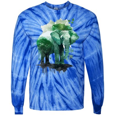 Earth Day Elephant Watercolor Art Green Theme Restore Earth Cute Gift Tie-Dye Long Sleeve Shirt