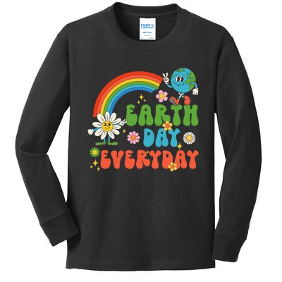 Earth Day Everyday Rainbow Hippie Groovy Save Planet Earth Kids Long Sleeve Shirt