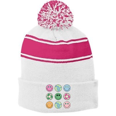 Earth Day Everyday Groovy Face Recycle Save Our Planet Stripe Pom Pom Beanie