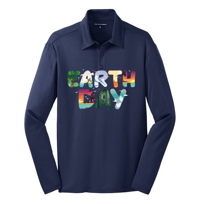 Earth Day Elements Nature Global Warming Silk Touch Performance Long Sleeve Polo