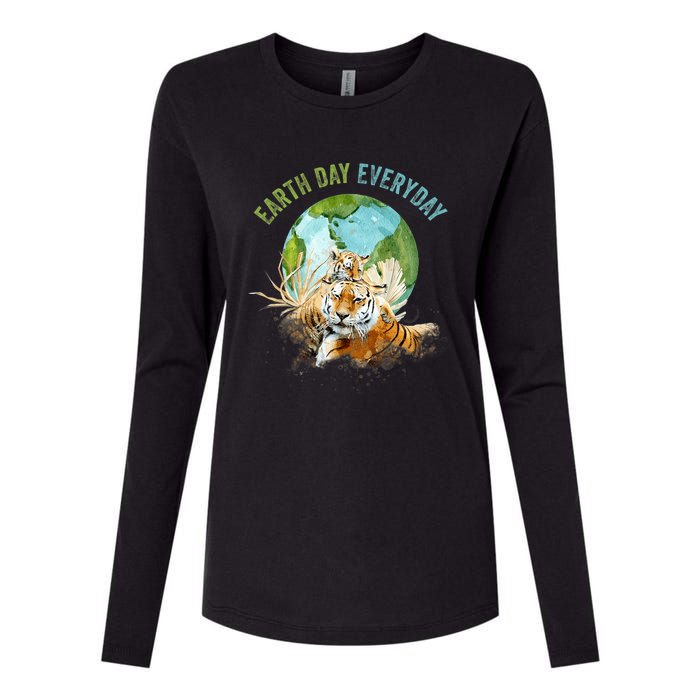 Earth Day Everyday Mama Tiger Watercolor Planet And Animals Womens Cotton Relaxed Long Sleeve T-Shirt