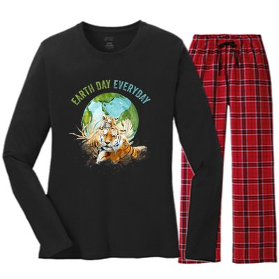 Earth Day Everyday Mama Tiger Watercolor Planet And Animals Women's Long Sleeve Flannel Pajama Set 