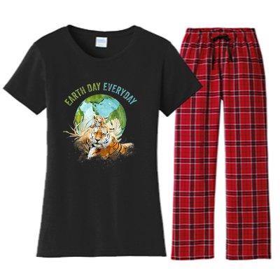 Earth Day Everyday Mama Tiger Watercolor Planet And Animals Women's Flannel Pajama Set