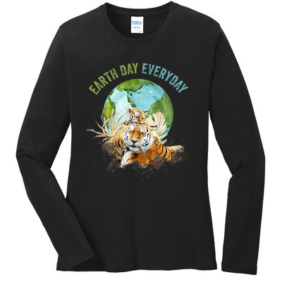 Earth Day Everyday Mama Tiger Watercolor Planet And Animals Ladies Long Sleeve Shirt