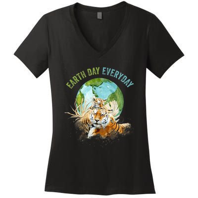 Earth Day Everyday Mama Tiger Watercolor Planet And Animals Women's V-Neck T-Shirt