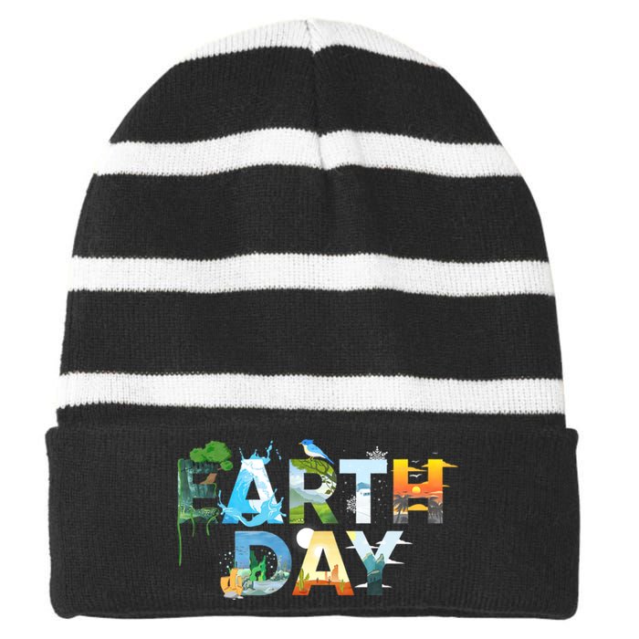 Earth Day Environmental Protection Save Tree & Animals Striped Beanie with Solid Band