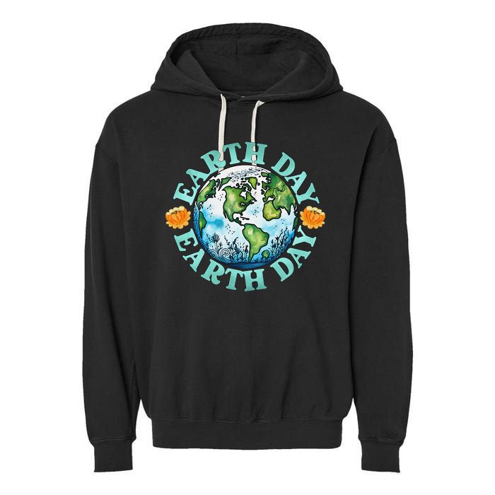 Earth Day Every Day Rainbow Globe Save The Planet Garment-Dyed Fleece Hoodie