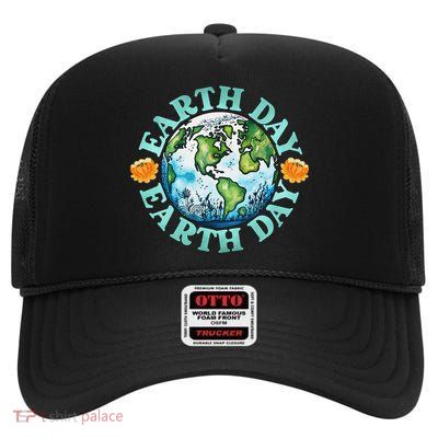 Earth Day Every Day Rainbow Globe Save The Planet High Crown Mesh Back Trucker Hat
