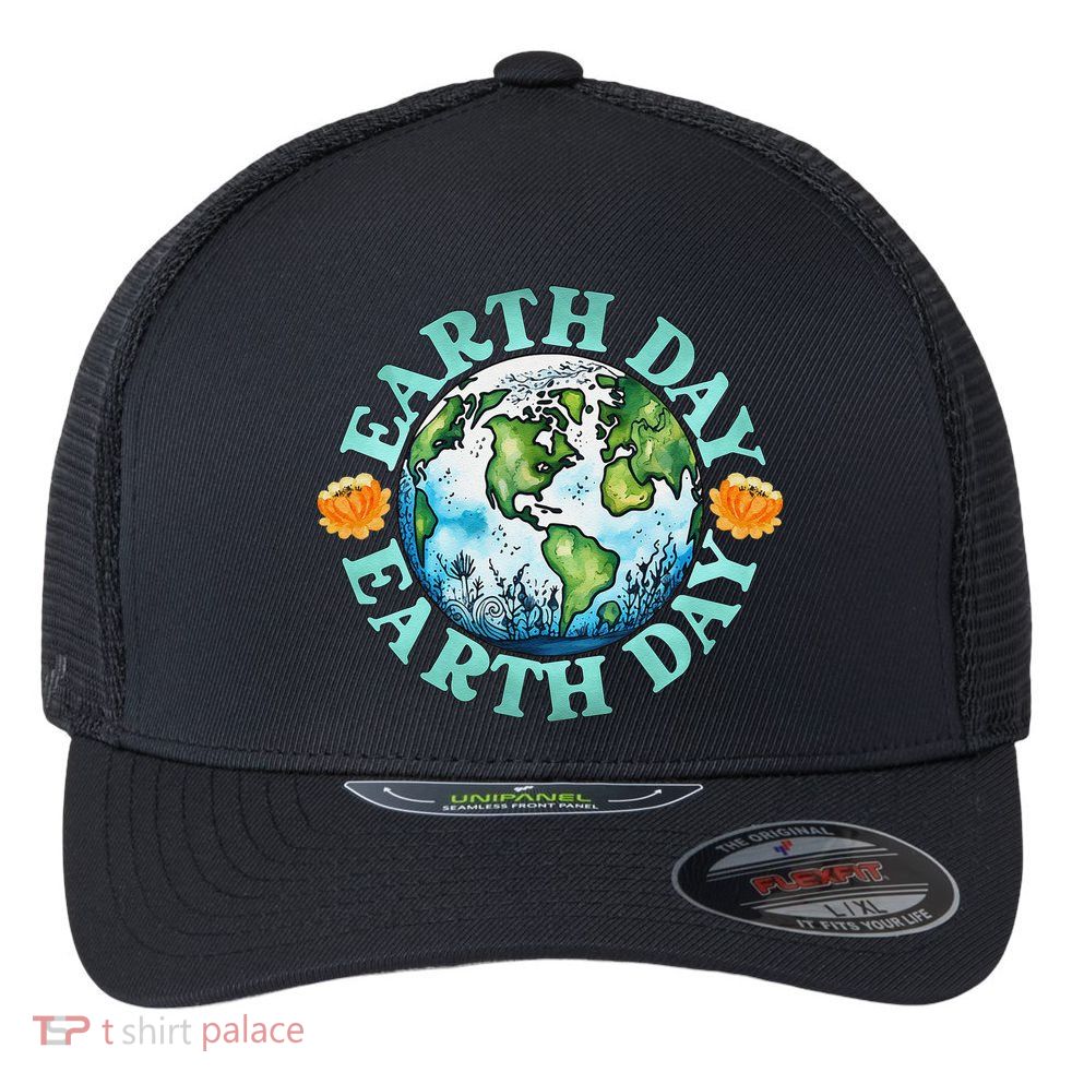 Earth Day Every Day Rainbow Globe Save The Planet Flexfit Unipanel Trucker Cap