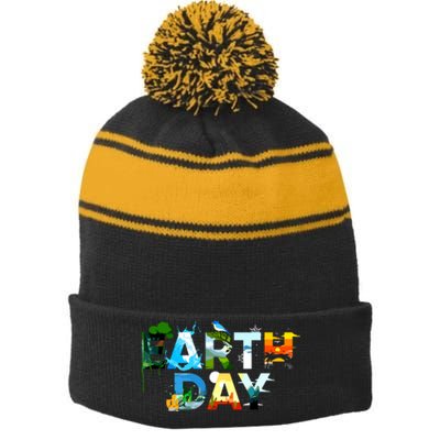 Earth Day Environmental Protection Save Tree Animals Stripe Pom Pom Beanie