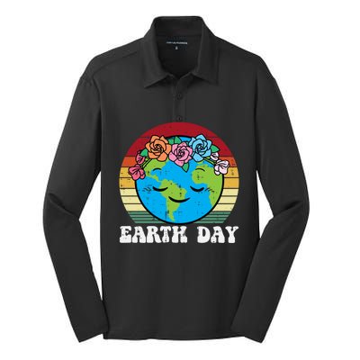 Earth Day Flowers Head Sunset Retro Gift Silk Touch Performance Long Sleeve Polo