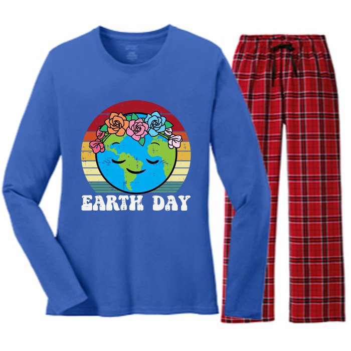 Earth Day Flowers Head Sunset Retro Gift Women's Long Sleeve Flannel Pajama Set 