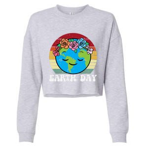 Earth Day Flowers Head Sunset Retro Gift Cropped Pullover Crew