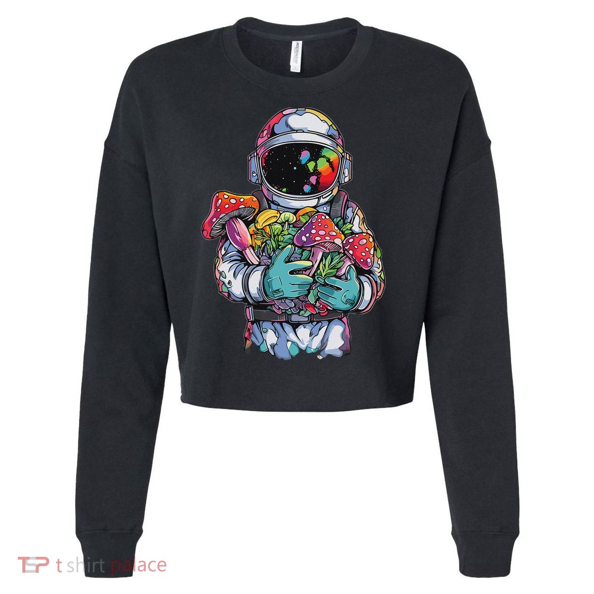 Edm Dj Festival Outfit & Women Trippy Astronaut Art Edm Mushroom Psychedelic Rave, Cropped Pullover Crew