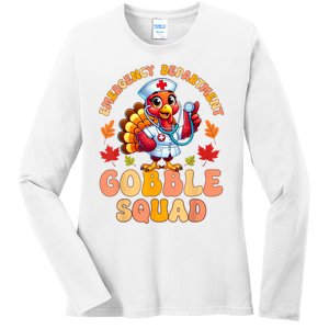 Emergency Department Gobble Squad Thanksgiving Er Nurse Ladies Long Sleeve Shirt