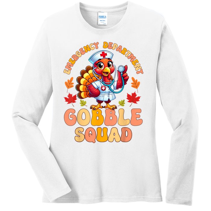 Emergency Department Gobble Squad Thanksgiving Er Nurse Ladies Long Sleeve Shirt