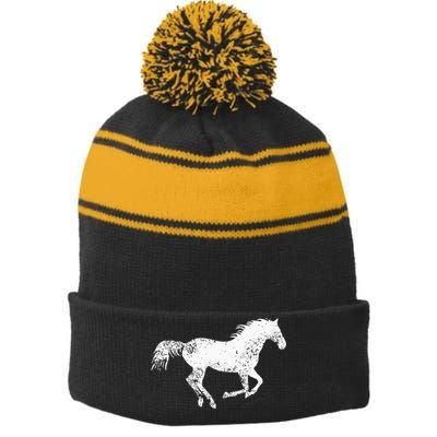 Equestrian Distressed Horse Print Vintage Horse Stripe Pom Pom Beanie