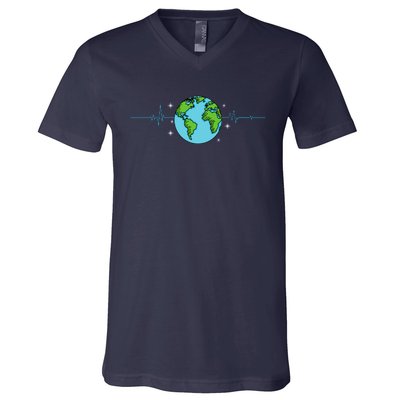 Earth Day Heartbeat Recycling Climate Change V-Neck T-Shirt