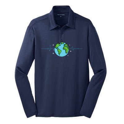 Earth Day Heartbeat Recycling Climate Change Silk Touch Performance Long Sleeve Polo