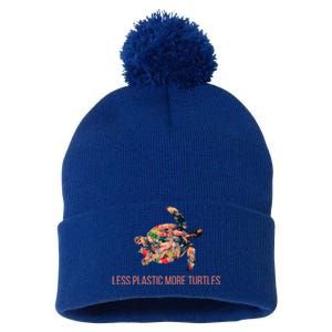 Earth Day Less Plastic More Turtles Pollution Awareness Great Gift Pom Pom 12in Knit Beanie