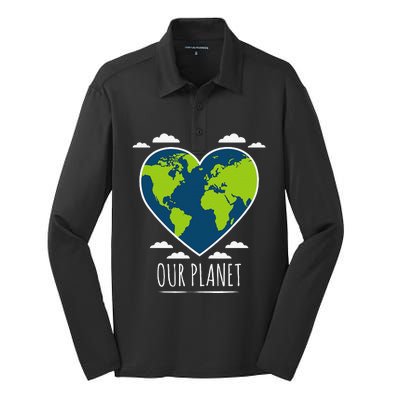 Earth Day Love Our Planet Climate Change Awareness Silk Touch Performance Long Sleeve Polo