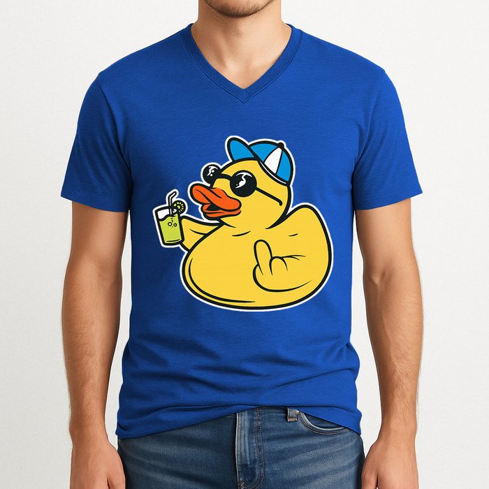 Evil Duck Middle Finger Cheeky Rubber Duck V-Neck T-Shirt