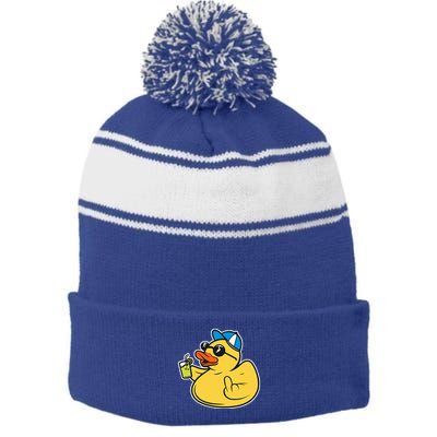 Evil Duck Middle Finger Cheeky Rubber Duck Stripe Pom Pom Beanie