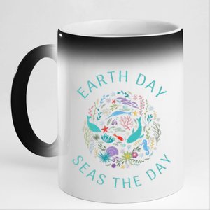 Earth Day Pun Seas The Day Sea Marine Life Whimsical Doodle 11oz Black Color Changing Mug