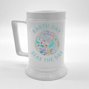 Earth Day Pun Seas The Day Sea Marine Life Whimsical Doodle Beer Stein