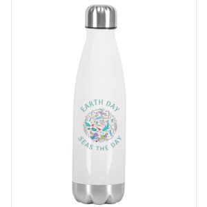 Earth Day Pun Seas The Day Sea Marine Life Whimsical Doodle Stainless Steel Insulated Water Bottle