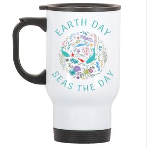 Earth Day Pun Seas The Day Sea Marine Life Whimsical Doodle Stainless Steel Travel Mug