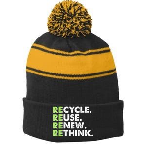 Earth Day Recycle Reuse Renew Rethink Stripe Pom Pom Beanie