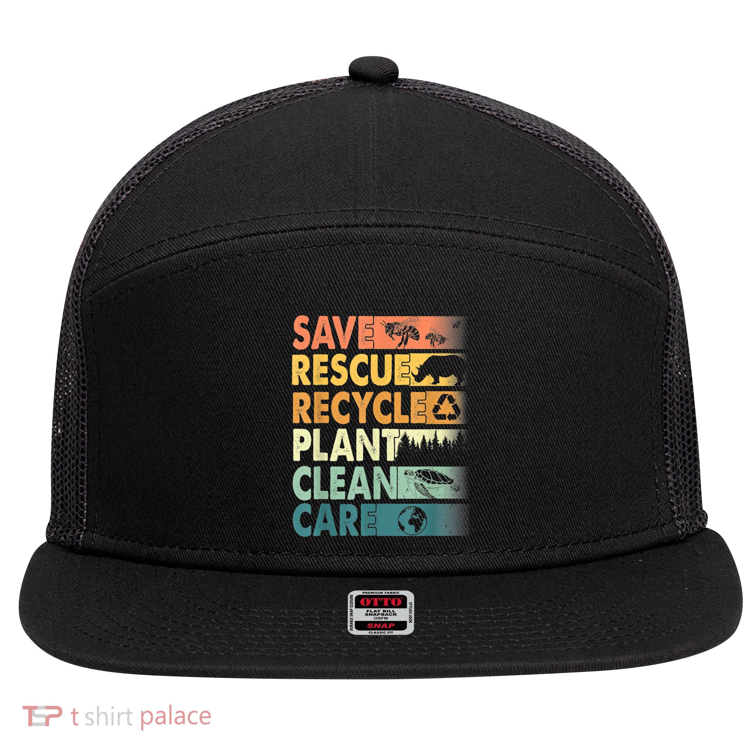 Earth Day Save Bees Rescue Animals Recycle Plastics Retro 7 Panel Mesh Trucker Snapback Hat