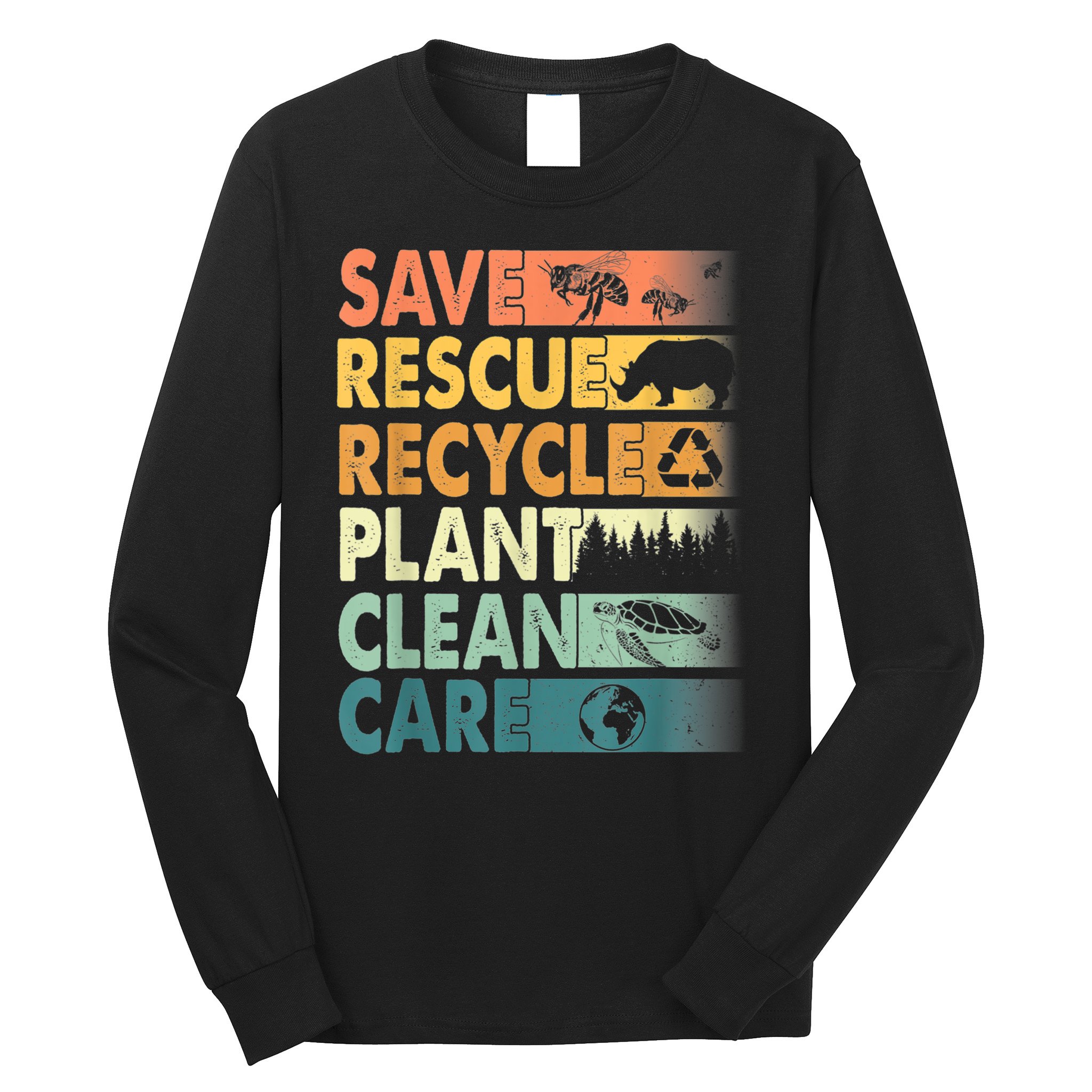Earth Day Save Bees Rescue Animals Recycle Plastics Retro Long Sleeve Shirt