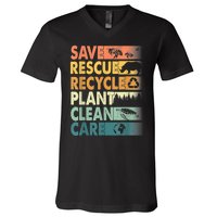 Earth Day Save Bees Rescue Animals Recycle Plastics Retro V-Neck T-Shirt