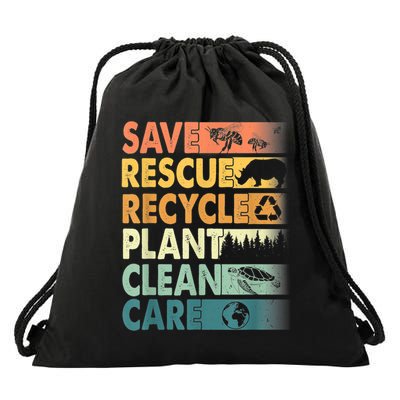 Earth Day Save Bees Rescue Animals Recycle Plastics Retro Drawstring Bag