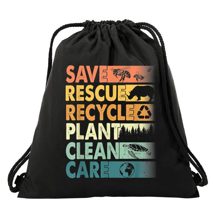 Earth Day Save Bees Rescue Animals Recycle Plastics Retro Drawstring Bag