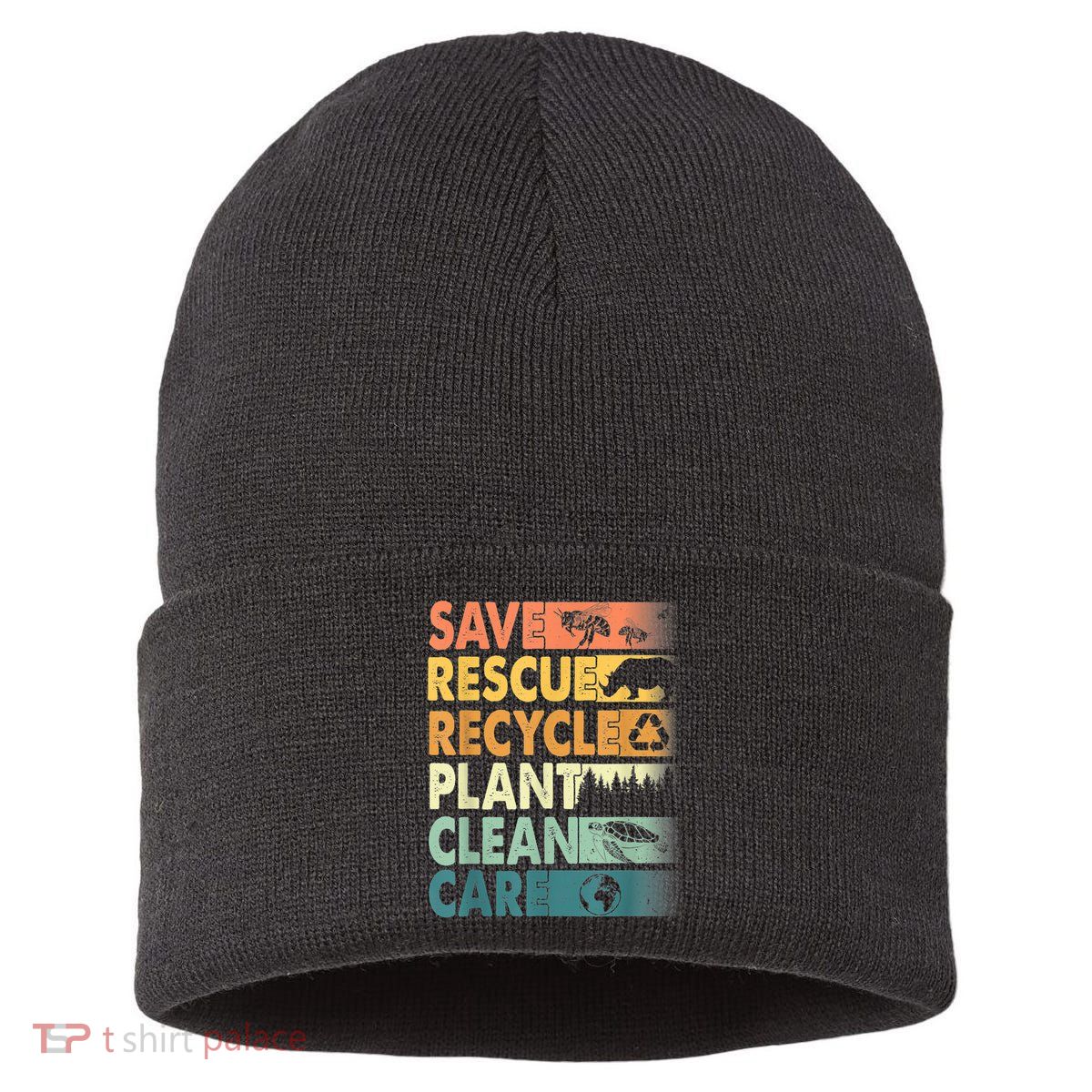 Earth Day Save Bees Rescue Animals Recycle Plastics Retro Sustainable Knit Beanie