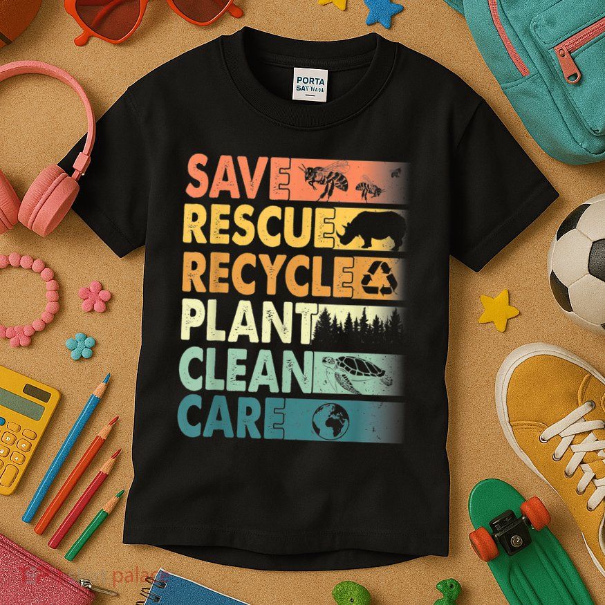 Earth Day Save Bees Rescue Animals Recycle Plastics Retro Kids T-Shirt