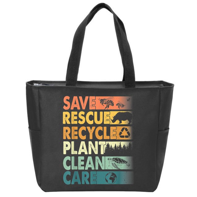 Earth Day Save Bees Rescue Animals Recycle Plastics Retro Zip Tote Bag