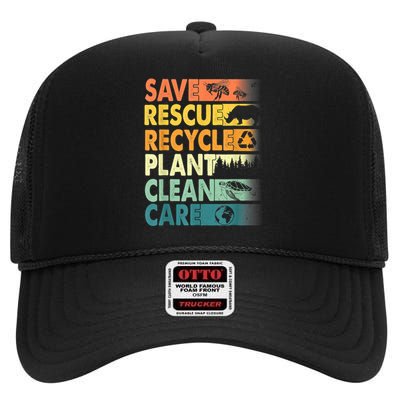 Earth Day Save Bees Recycle Plastics Rescue Animals High Crown Mesh Back Trucker Hat