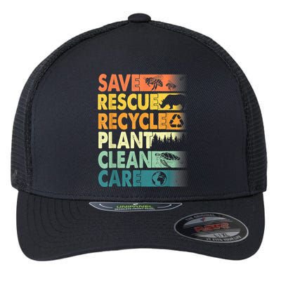 Earth Day Save Bees Recycle Plastics Rescue Animals Flexfit Unipanel Trucker Cap